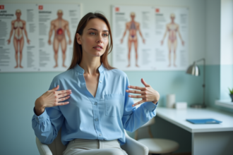 Femme medecin en blouse bleue explique symptomes