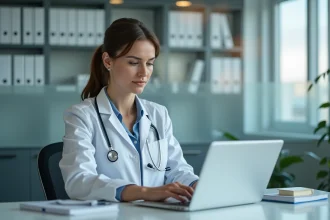 Médecin femme en bureau moderne avec ordinateur et livres