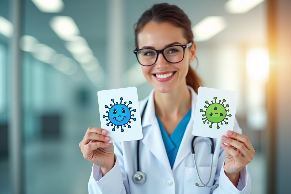 Medecin femme tenant cartes virus et bacterie dans une clinique