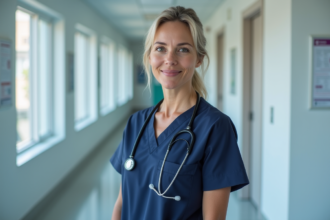 Professionnelle de santé femme en blouse navy dans une clinique moderne