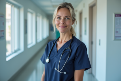 Professionnelle de santé femme en blouse navy dans une clinique moderne