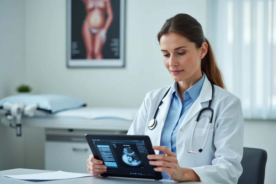 Médecin gynécologue expliquant le calcul du terme de grossesse sur une tablette dans un cabinet médical