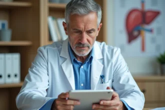 Médecin homme examinant un graphique hépatique sur tablette