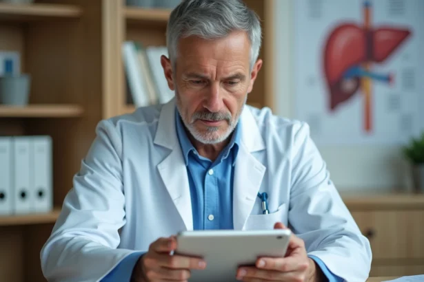 Médecin homme examinant un graphique hépatique sur tablette