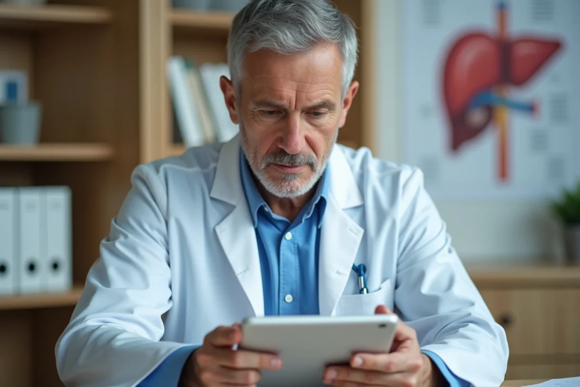 Médecin homme examinant un graphique hépatique sur tablette