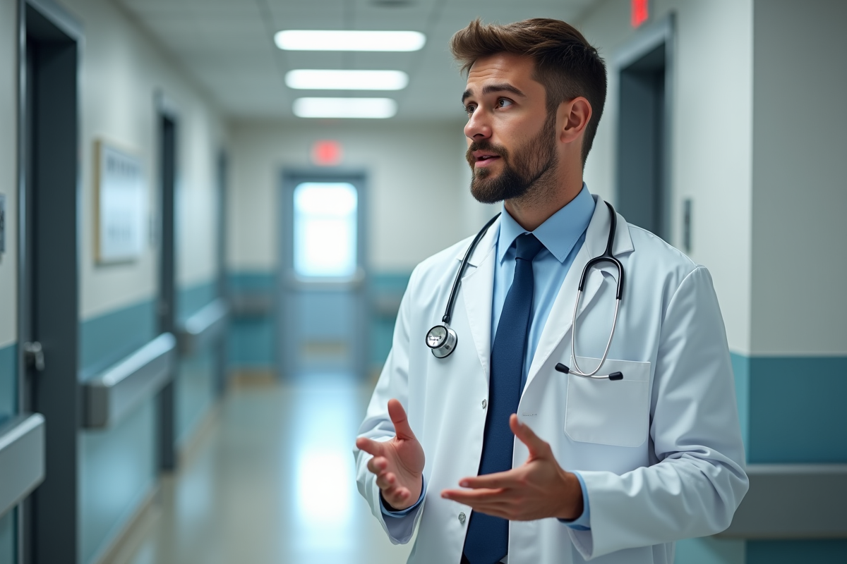 Jeune médecin discutant avec un collègue dans un couloir d