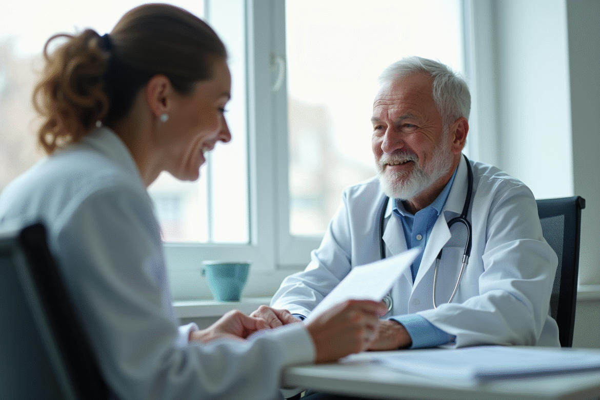 Senior en consultation avec une medecin dans un cabinet lumineux