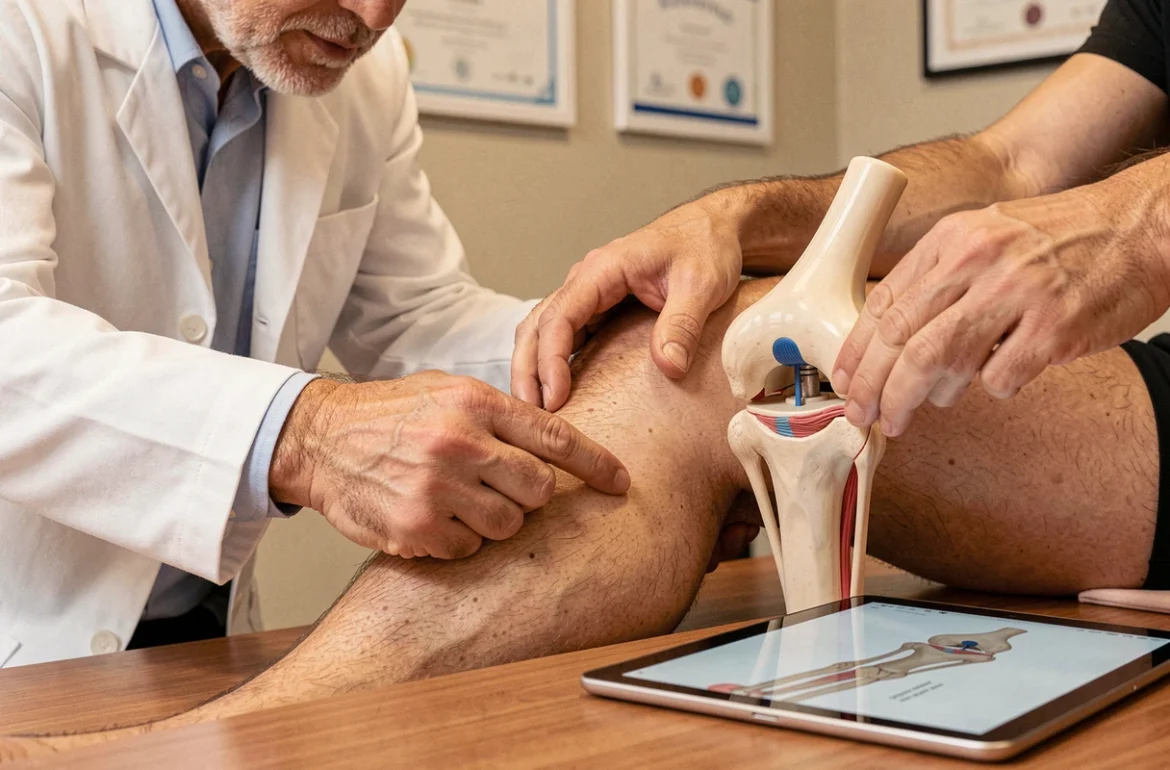 Médecin du sport expliquant la localisation de la patte d'oie sur une maquette anatomique du genou en consultation