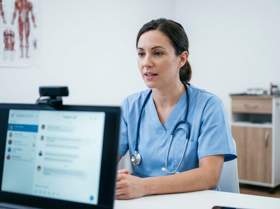 Médecin en téléconsultation dans une salle de soins moderne équipée pour la télémédecine