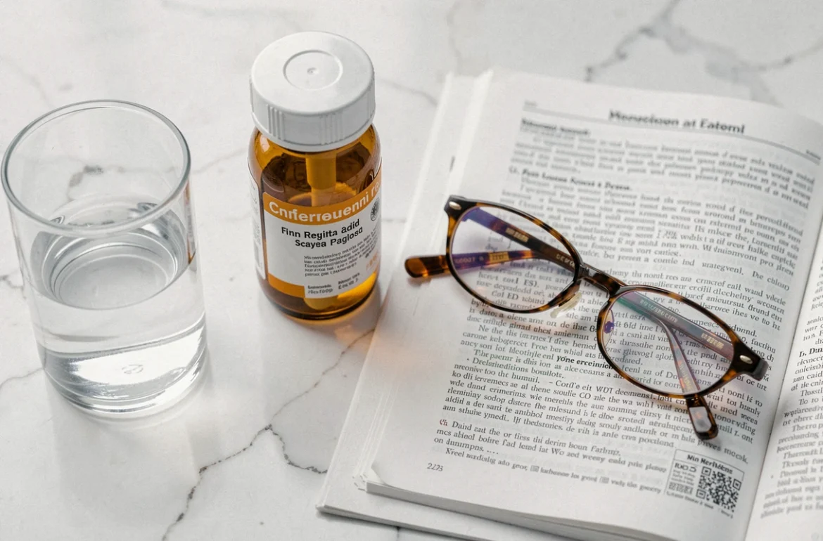 Flacon de médicament et revue scientifique sur fond de marbre blanc symbolisant la recherche sur le mejetsvomiz et la fatigue chronique