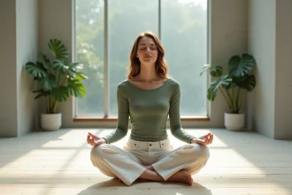 Femme en méditation assise en tailleur sur un plancher en bois dans un studio minimaliste, illustrant la réconciliation du corps et de l'esprit