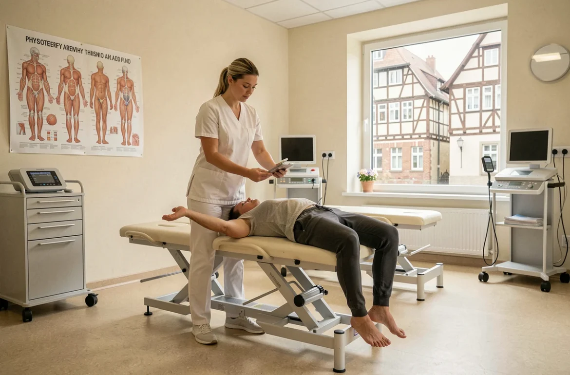 Cabinet de kinésithérapie moderne dans le Bas-Rhin avec un thérapeute accompagnant un patient en rééducation