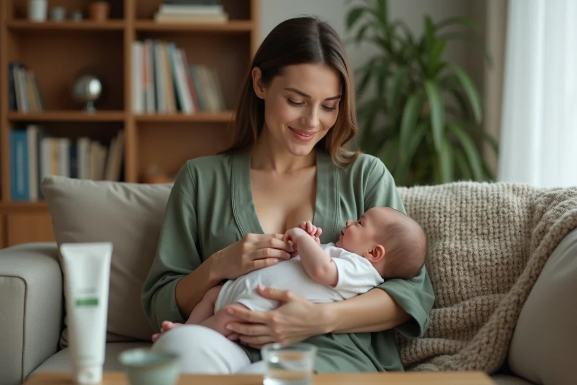 Mère allaitant son bébé à la maison avec un produit de blanchiment dentaire posé sur la table, illustrant les questions de sécurité pendant l'allaitement