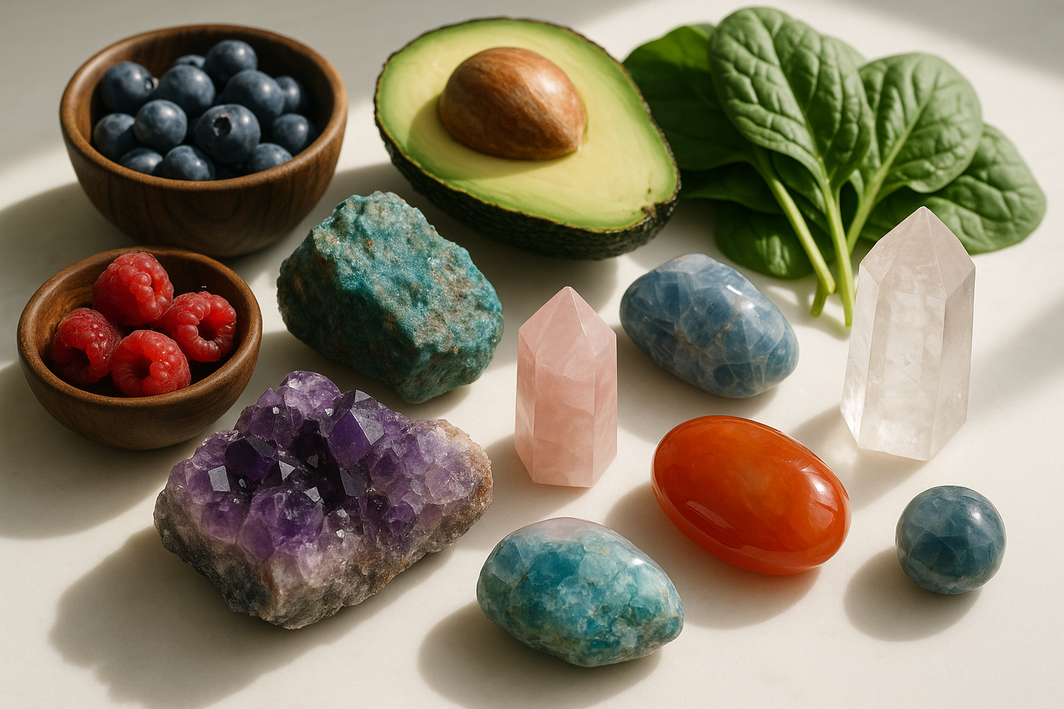 Cristaux et superaliments comme épinards et baies sur fond blanc