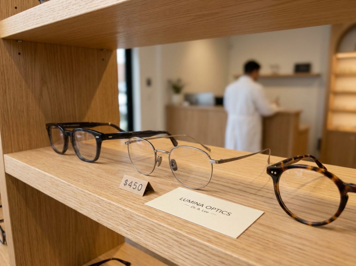 Gros plan de montures de lunettes exposées sur une étagère en bois dans une boutique d'optique haut de gamme