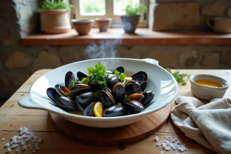Bol de moules cuites à la vapeur sur une table en bois rustique, garni de persil frais et de citron, évoquant les bienfaits des fruits de mer pour la thyroïde