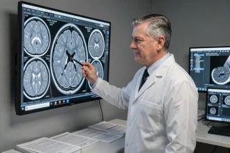 Neurologue examinant des images IRM du cerveau montrant des taches blanches dans une salle de radiologie clinique