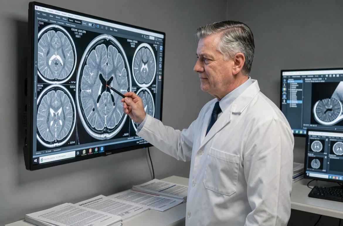 Neurologue examinant des images IRM du cerveau montrant des taches blanches dans une salle de radiologie clinique