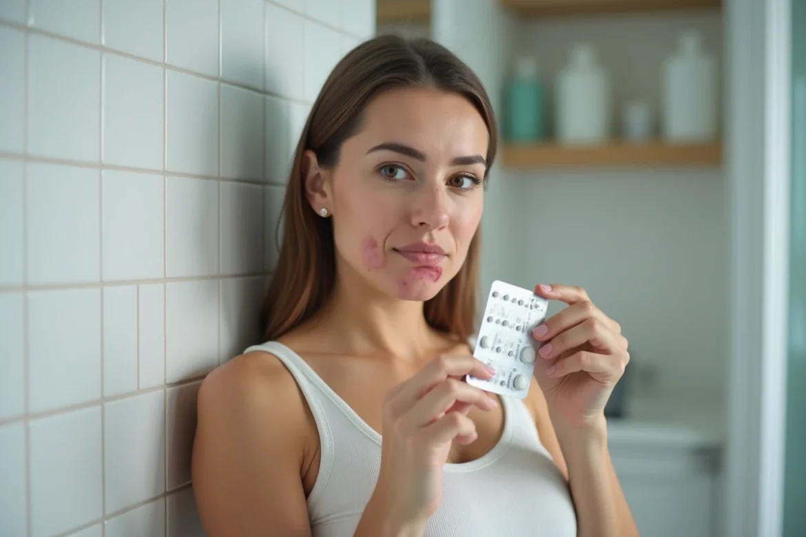 Jeune femme avec un œdème de Quincke à la lèvre tenant un médicament antihistaminique dans une salle de bain