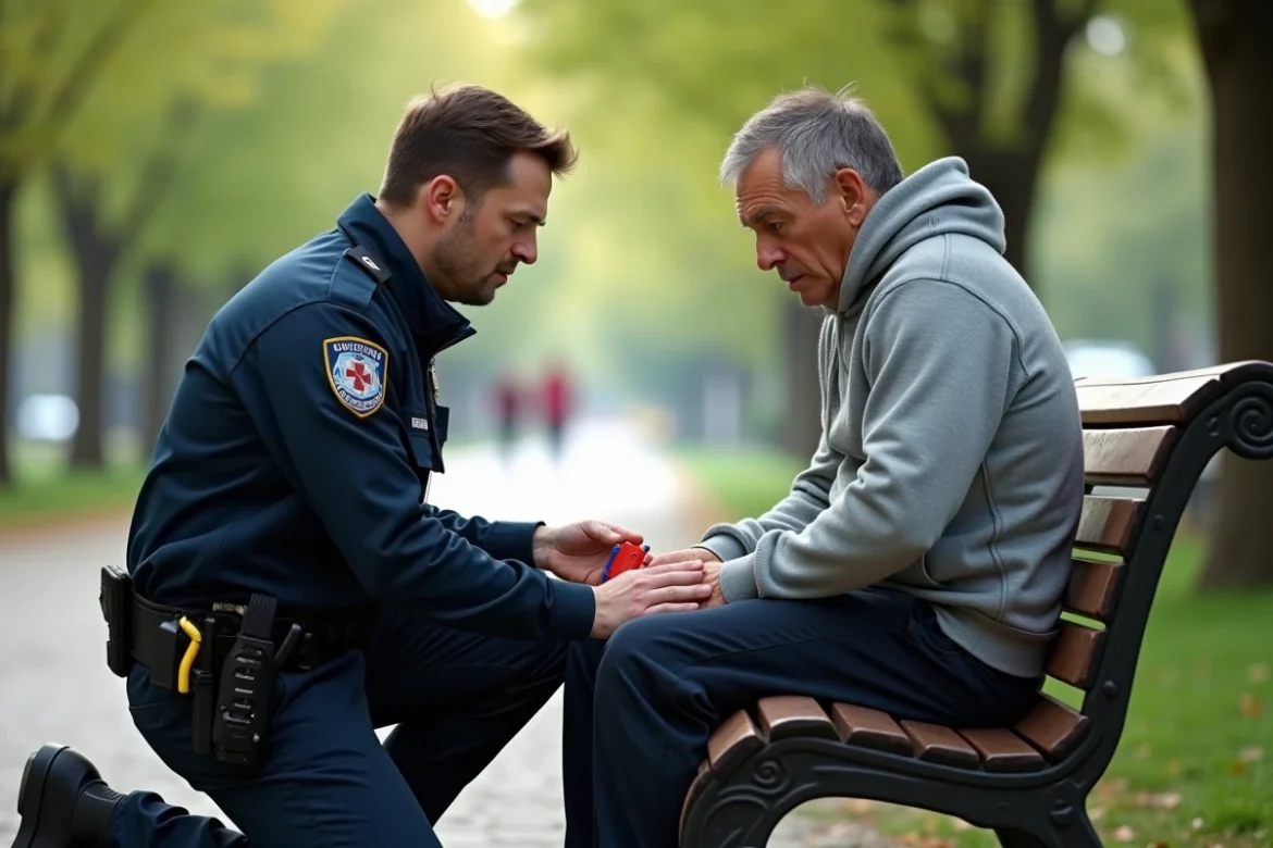 Secouriste administrant une injection d'adrénaline à un patient souffrant d'un œdème de Quincke à la lèvre dans un parc urbain