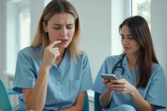 Femme présentant un œdème de Quincke à la lèvre dans une salle d'attente médicale, un proche appelant les secours