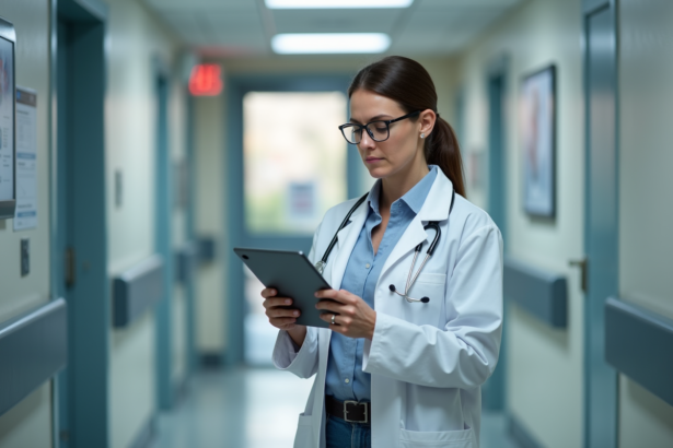 Médecin oncologue femme en hôpital avec tablette