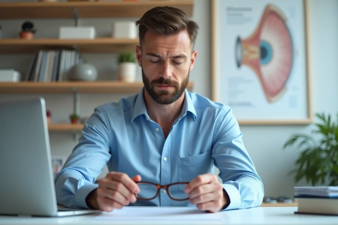 Homme d'âge moyen examinant des lentilles dans un bureau d'opticien