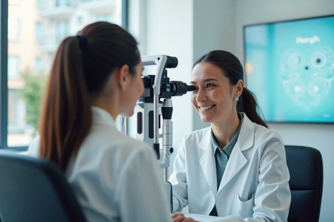 Optométriste effectuant un examen oculaire dans une clinique moderne