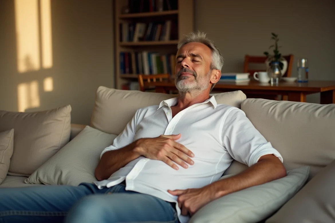 Homme allongé sur un canapé tenant sa poitrine après un repas copieux, gestion des palpitations cardiaques