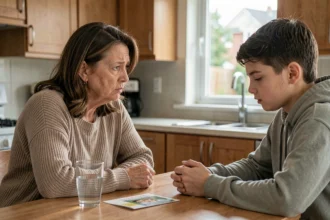 Mère discutant avec son adolescent des dangers des puffs à l'école, scène de dialogue familial sérieux à la maison
