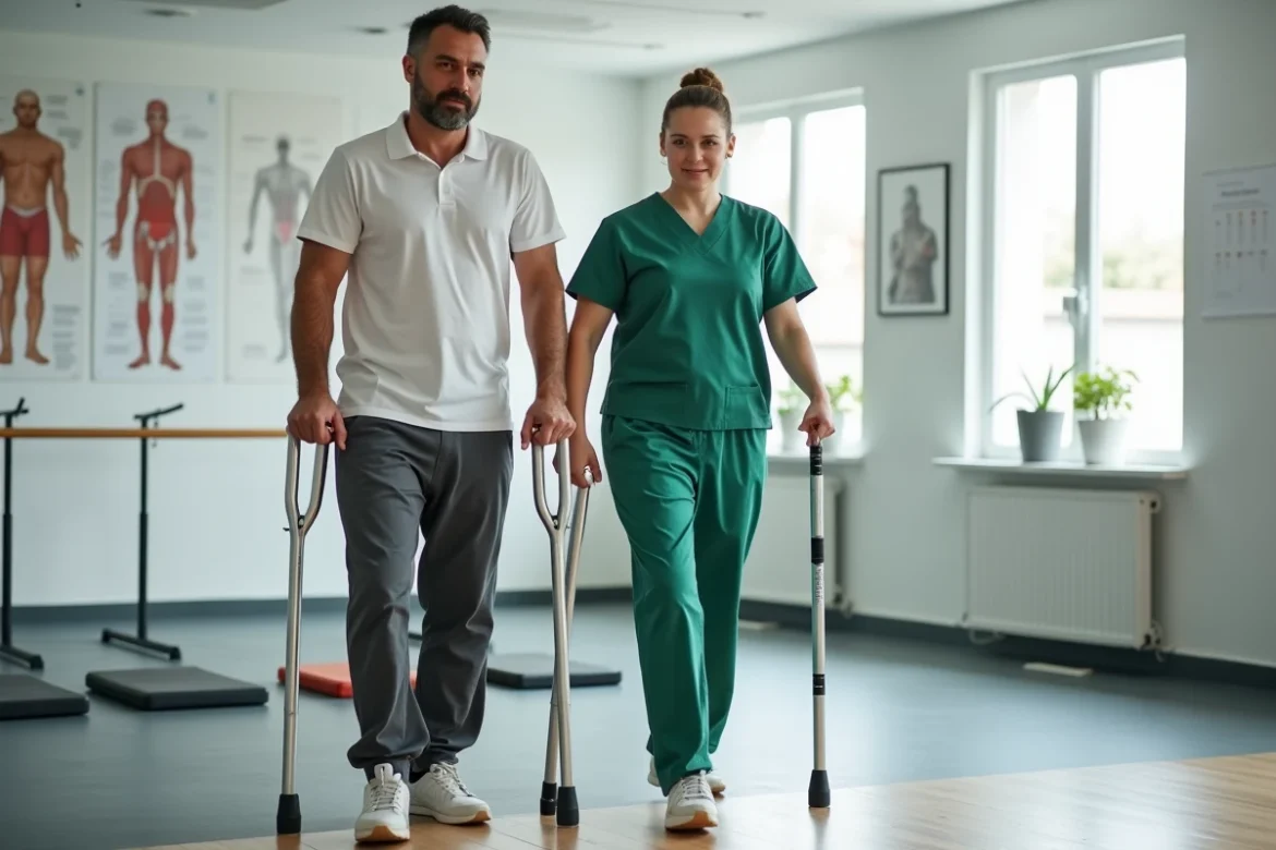 Patient masculin pratiquant la marche avec deux béquilles axillaires sous la supervision d'une kinésithérapeute dans une salle de rééducation