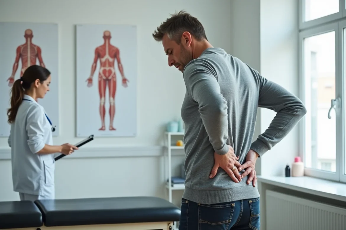 Patient souffrant de discopathie en séance de rééducation dans une clinique de physiothérapie
