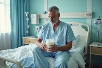 Homme d'âge moyen dans un lit d'hôpital examine un récipient d'urine