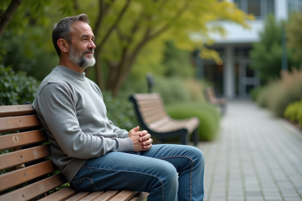 Jeune homme patient cancer dans jardin hospitalier