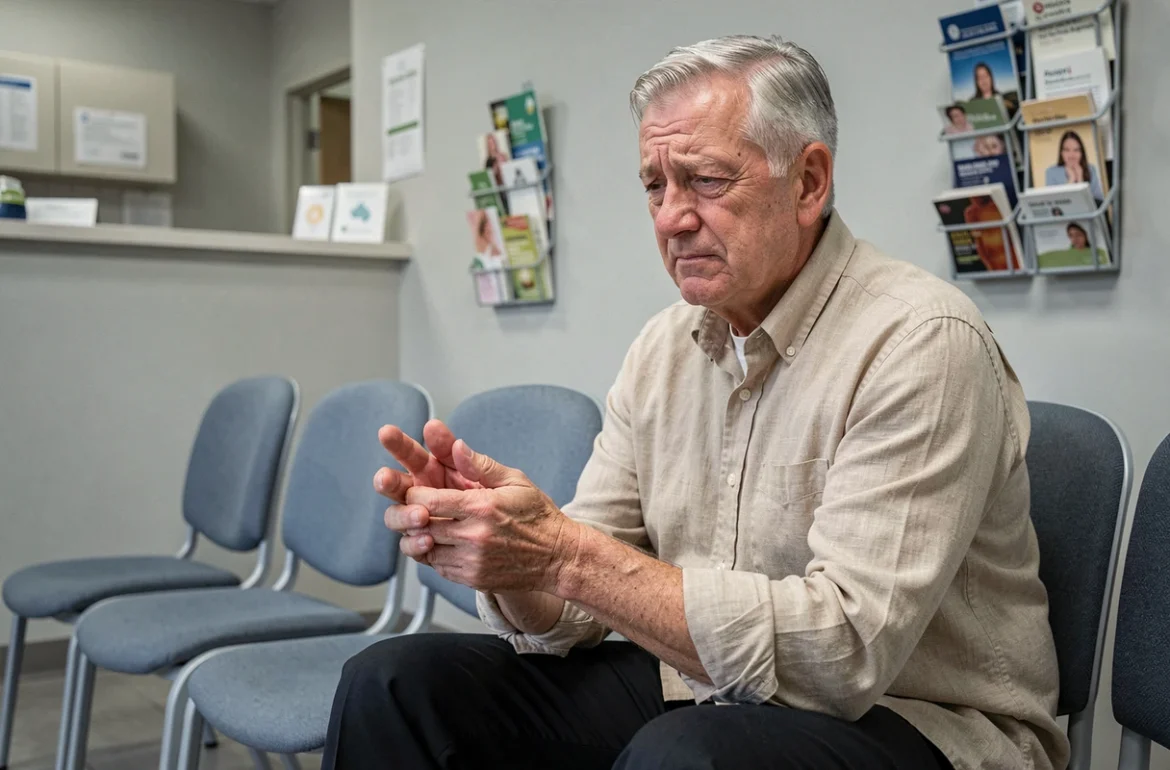 Patient âgé souffrant de rhumatismes inflammatoires dans une salle d'attente d'un cabinet de rhumatologie à Nîmes