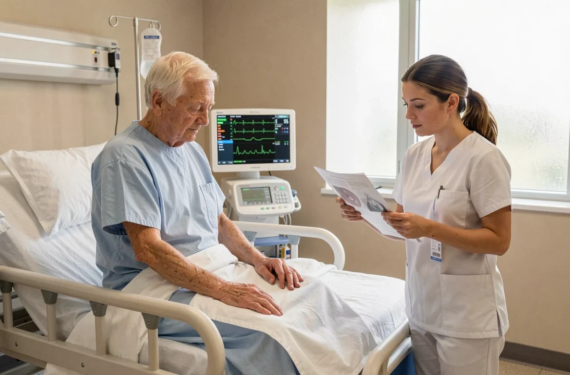 Patient âgé et infirmière dans une chambre de cardiologie après une procédure de pose de stent