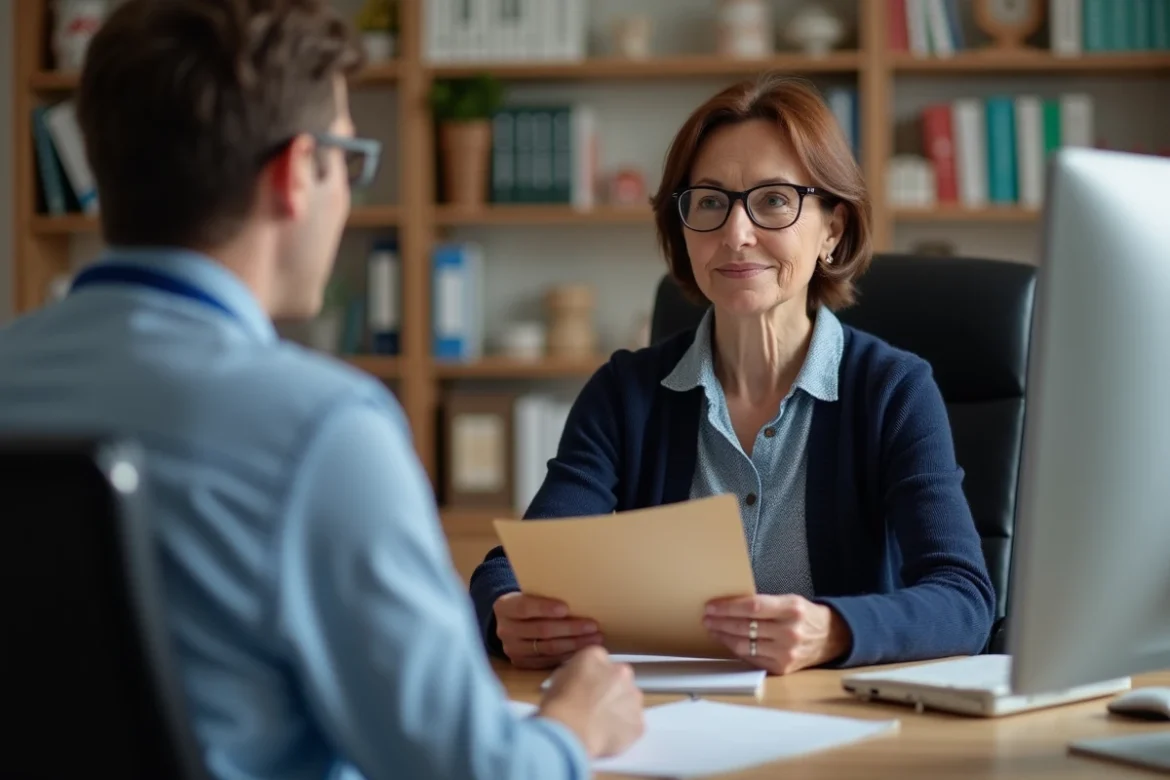 Patiente en ALD tenant un dossier médical lors d'une consultation chez son médecin généraliste