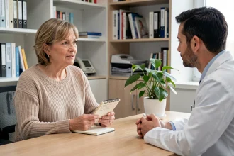Femme discutant des effets secondaires d'un médicament avec son médecin lors d'une consultation médicale