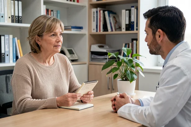 Femme discutant des effets secondaires d'un médicament avec son médecin lors d'une consultation médicale