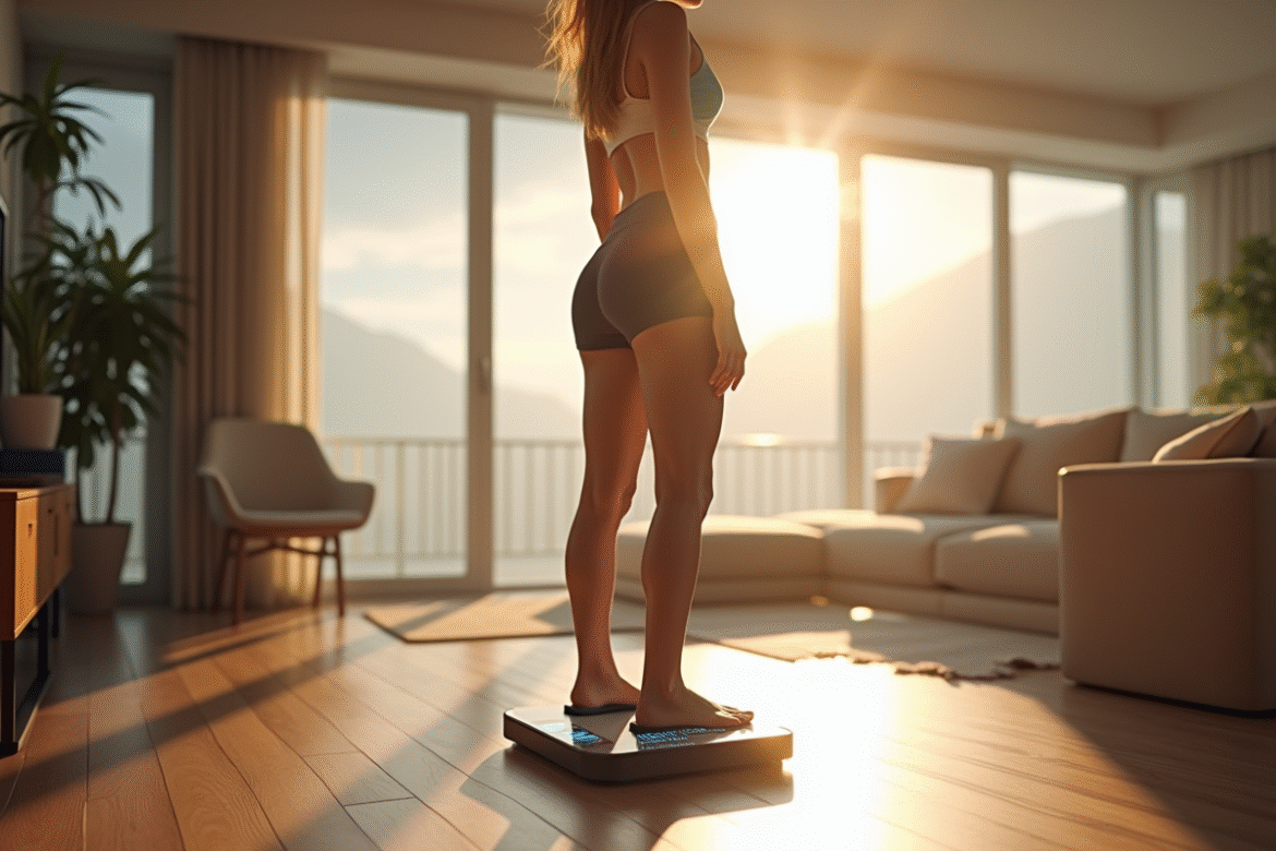 Personne en tenue de sport sur balance connectée avec graphiques de composition corporelle