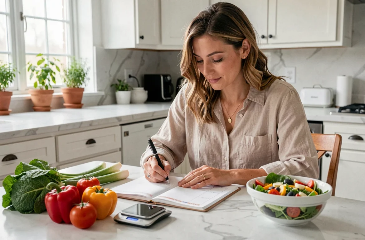Femme planifiant ses repas de la semaine dans un carnet avec des légumes frais et une balance alimentaire sur la table de cuisine