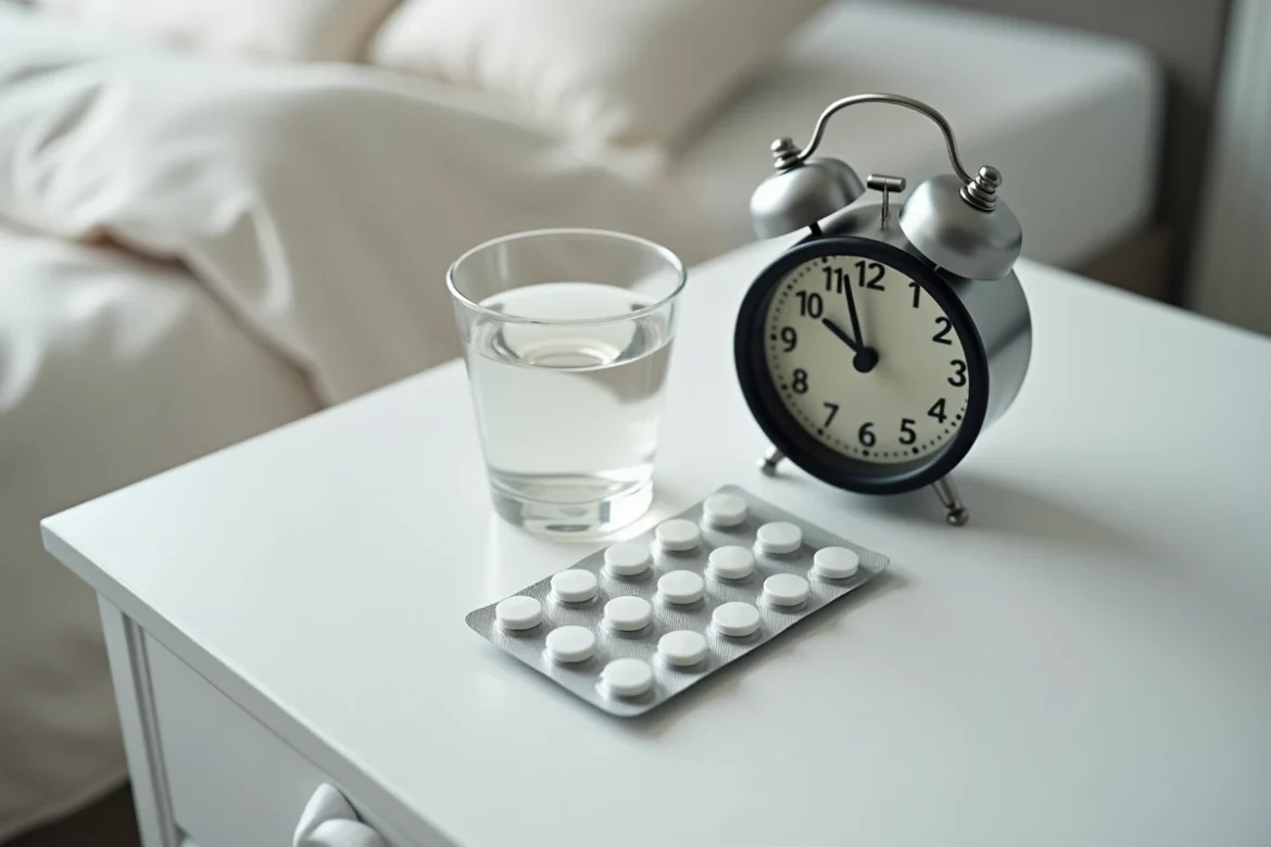 Plaquette de comprimés blancs posée sur une table de nuit à côté d'un réveil affichant l'heure de prise du médicament