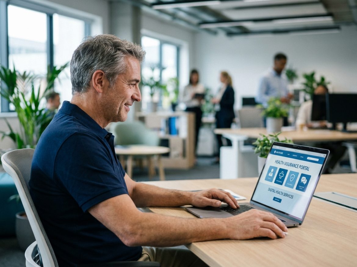 Homme consultant un portail de mutuelle numérique avec services de santé en ligne au bureau