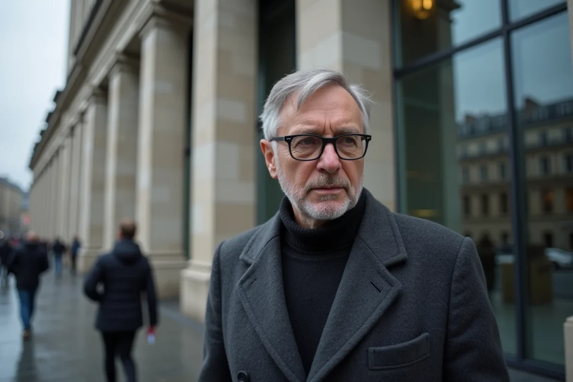 Portrait d'un homme sérieux en manteau gris devant un bâtiment institutionnel parisien, évoquant une personnalité publique au centre de spéculations médiatiques sur sa santé