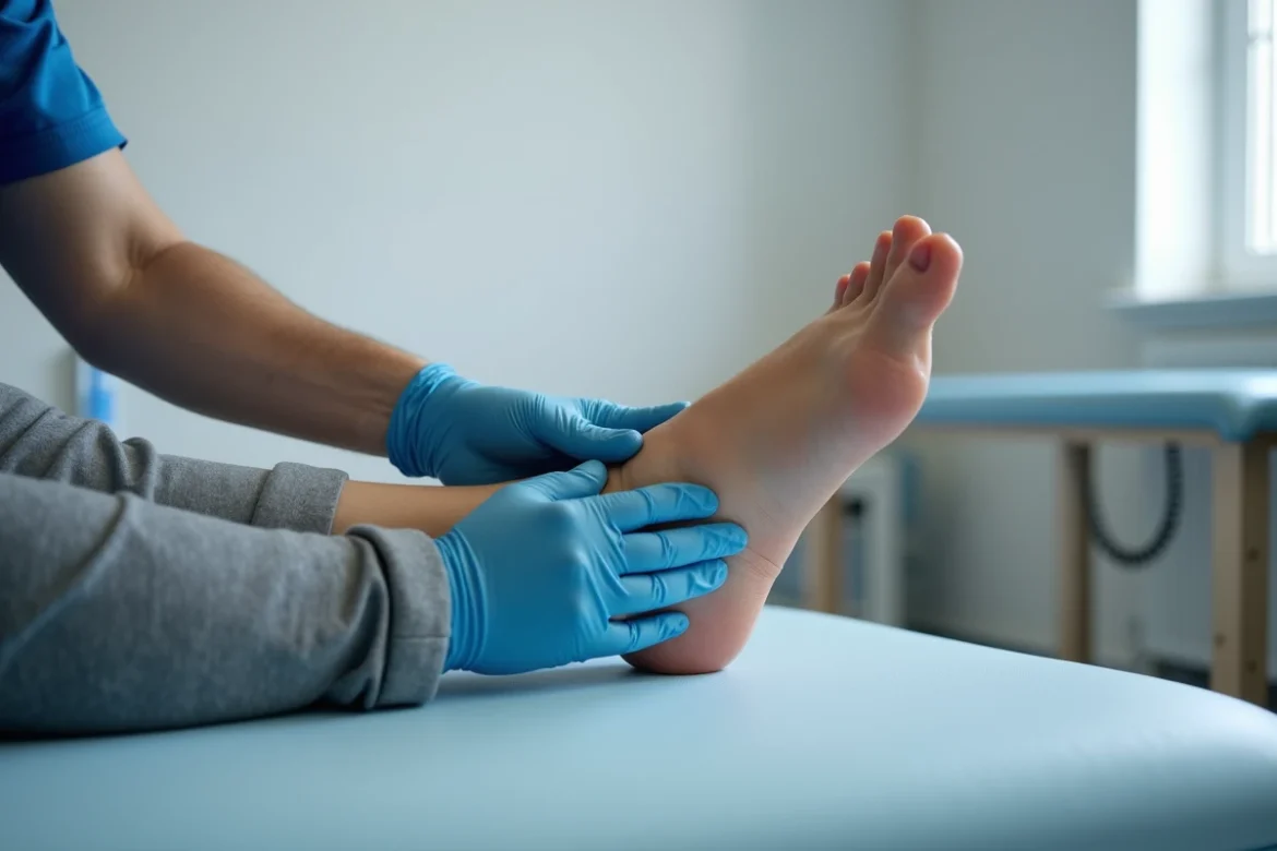 Praticien palpant le talon d'un patient lors d'une séance de rééducation pour épine calcanéenne