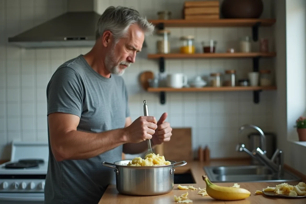 Homme préparant une purée de pommes de terre maison simple et économique dans une petite cuisine d'appartement après extraction dentaire