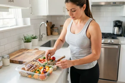 Femme préparant un repas équilibré avec légumes, poulet grillé et céréales complètes dans une cuisine moderne, plan nutritionnel quotidien