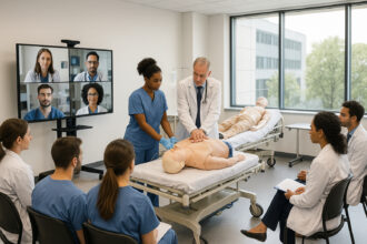 Groupe de professionnels de santé en formation dans un hôpital