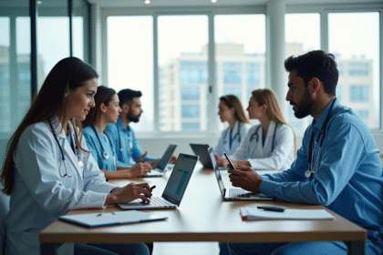 Groupe de professionnels de santé utilisant appareils numériques en réunion