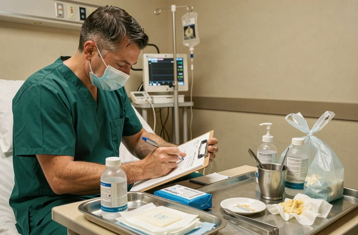 Infirmier notant les observations post-soin sur une fiche patient avec matériel de pansement chirurgical fibrineux disposé sur plateau stérile